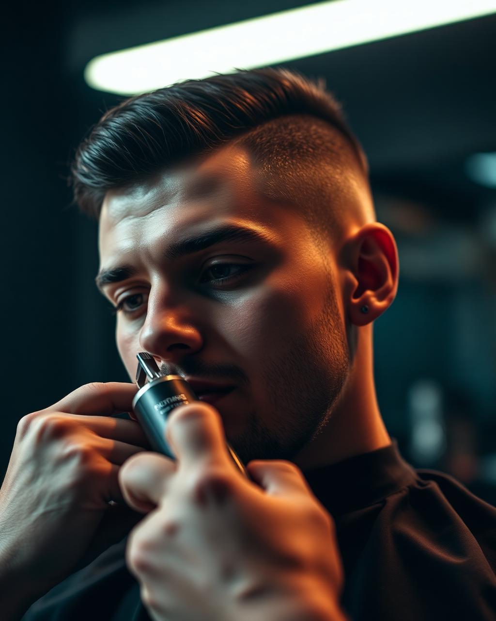 Barber realizând un fade precis unui client