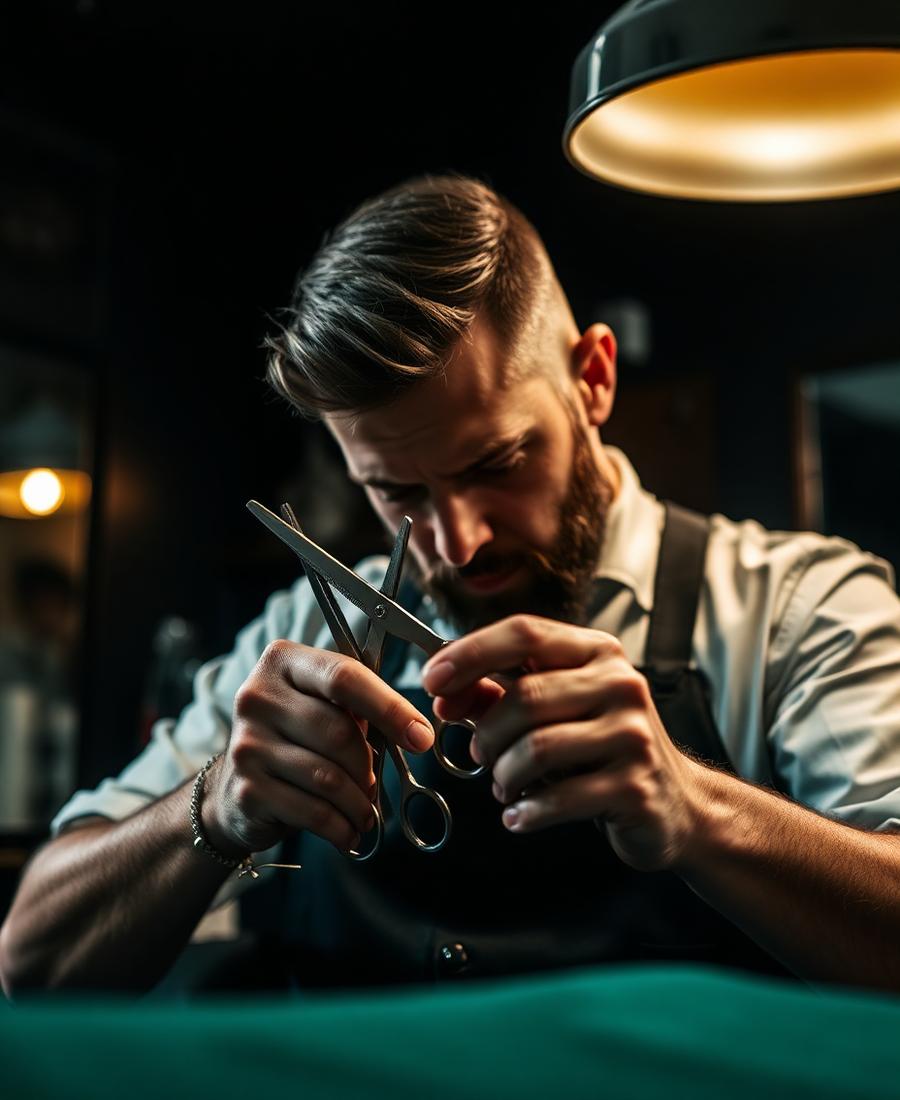 Barber la lucru, tuns cu foarfeca